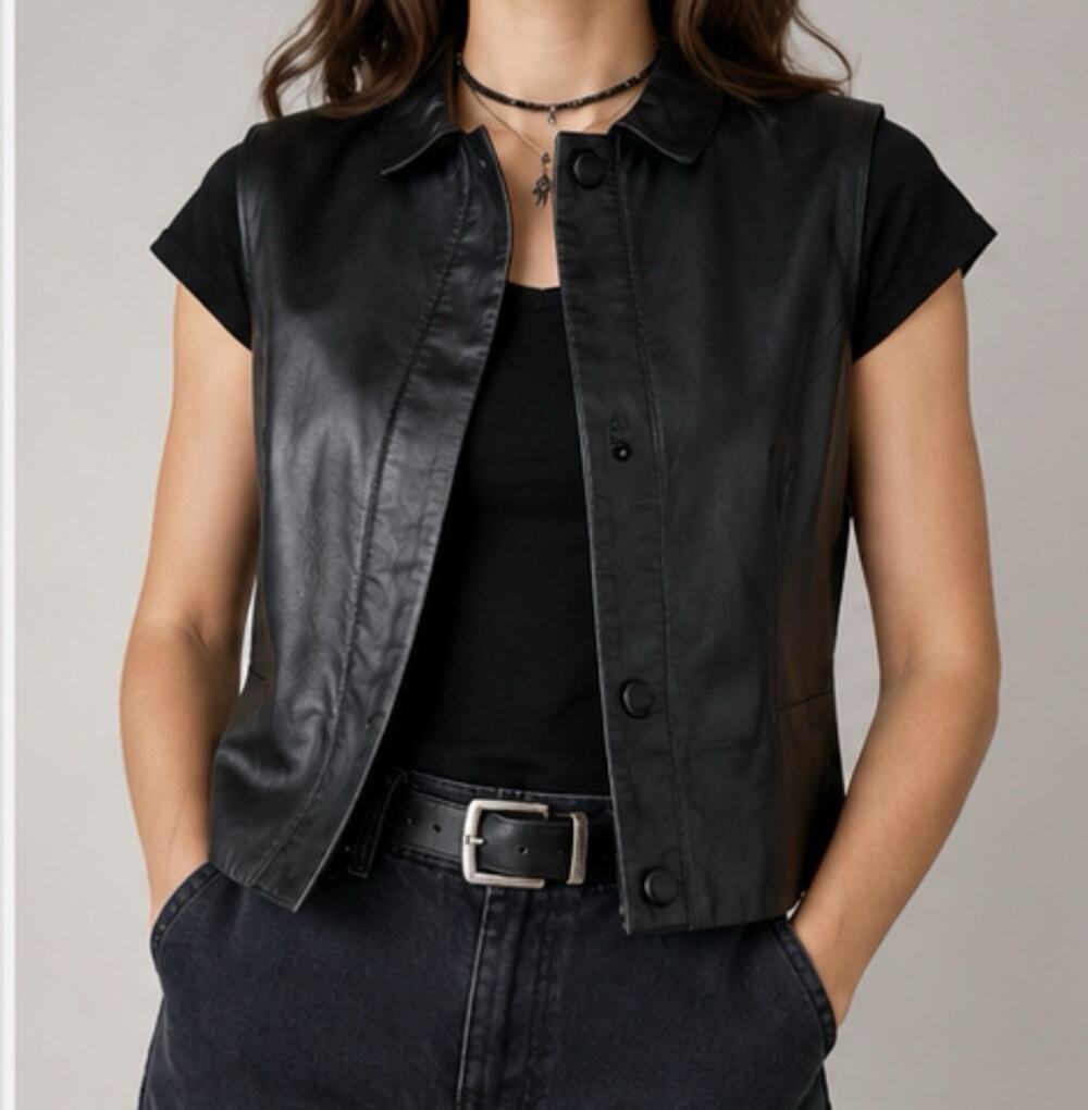 Vintage 90s Coldwater Creek Leather Vest Womens M Black Genuine Leather Goth